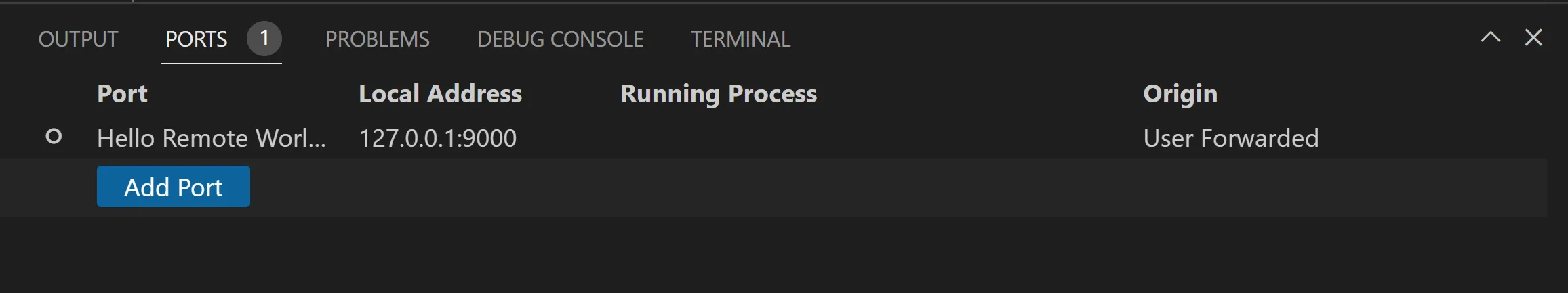 Forward a remote port from the VS Code Ports view